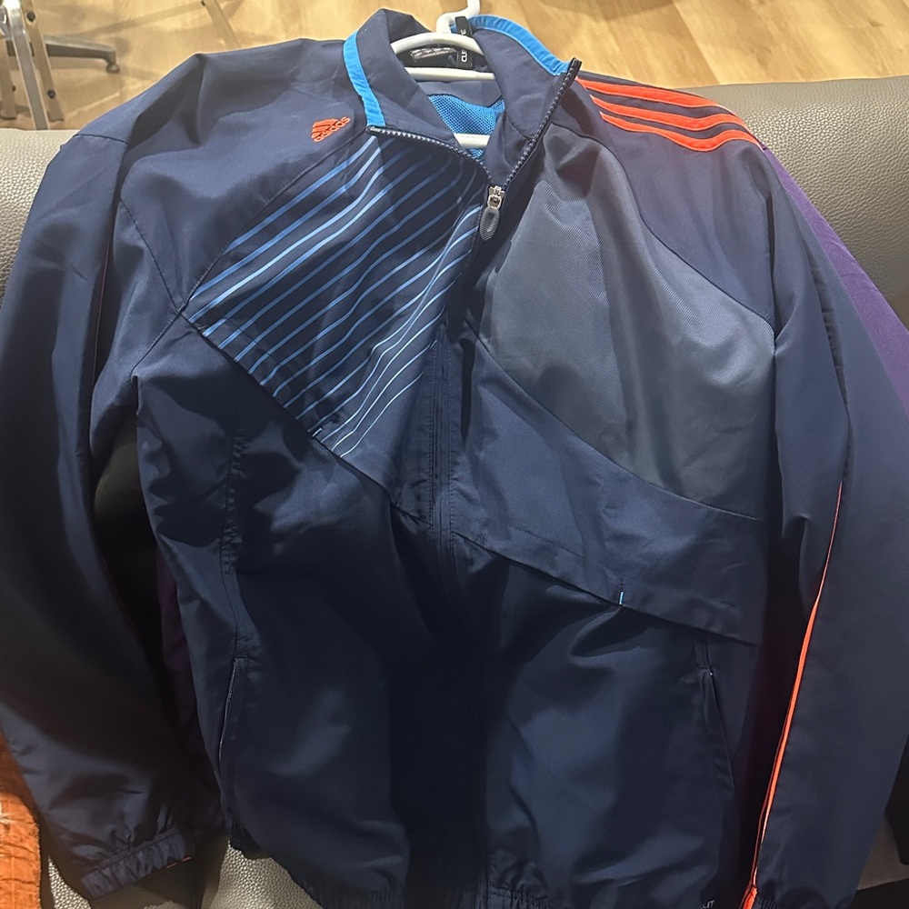 Adidas Men's Blue Windbreaker with Red Stripes